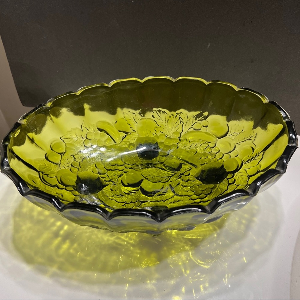 Vintage Indiana Glass Oval Footed Fruit Bowl Green